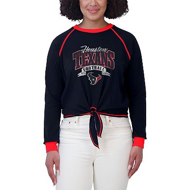 Women's WEAR by Erin Andrews Navy/Red Houston Texans Tie-Front Long Sleeve Top
