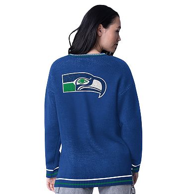 Women's Starter Royal Seattle Seahawks Oversized On the Ball Intarsia Knit Pullover Sweater