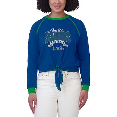 Women's WEAR by Erin Andrews Royal/Green Seattle Seahawks Tie-Front Long Sleeve Top