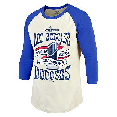 Men's Majestic Threads Cream/Royal Los Angeles Dodgers 2024 World Series Champions 3/4-Sleeve Raglan Tri-Blend T-Shirt