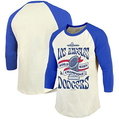 Men's Majestic Threads Cream/Royal Los Angeles Dodgers 2024 World Series Champions 3/4-Sleeve Raglan Tri-Blend T-Shirt