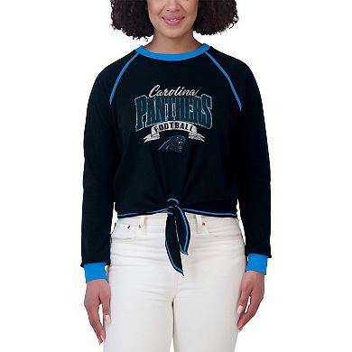 Women's WEAR by Erin Andrews Black/Blue Carolina Panthers Tie-Front Long Sleeve Top