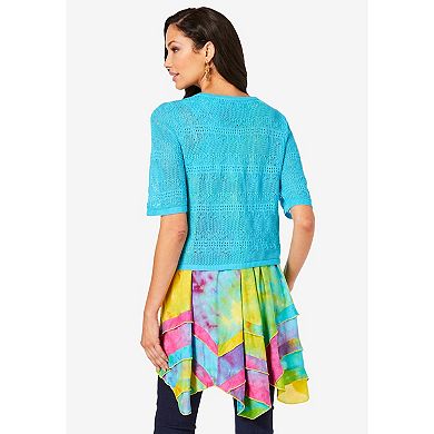 Roaman's Women's Plus Size Cropped Pointelle Short Sleeve Cardigan Sweater