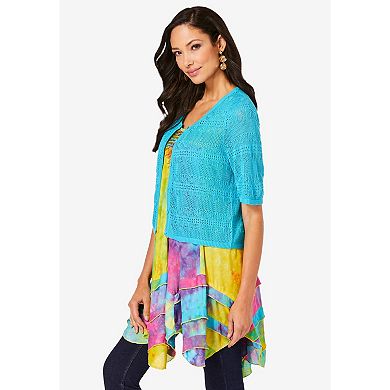 Roaman's Women's Plus Size Cropped Pointelle Short Sleeve Cardigan Sweater