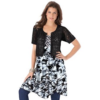 Roaman's Women's Plus Size Cropped Pointelle Short Sleeve Cardigan Sweater