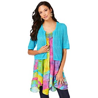 Roaman's Women's Plus Size Cropped Pointelle Short Sleeve Cardigan Sweater