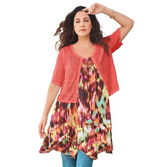 Roaman's Women's Plus Size Cropped Pointelle Short Sleeve Cardigan Sweater