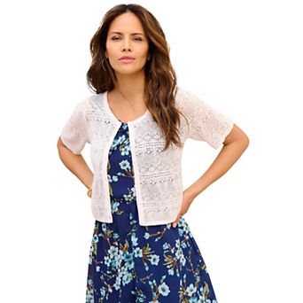 Roaman's Women's Plus Size Cropped Pointelle Short Sleeve Cardigan Sweater