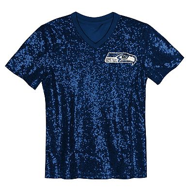 Girls Youth 12 Fan College Navy Seattle Seahawks Sequin V-Neck Fashion Jersey