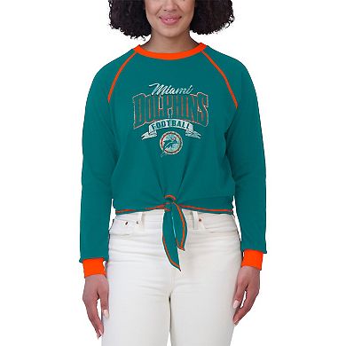 Women's WEAR by Erin Andrews Aqua/Orange Miami Dolphins Tie-Front Long Sleeve Top