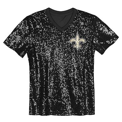 Girls Youth Black New Orleans Saints Wordmark Sequin V-Neck Top