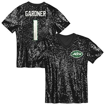 Girls Youth Sauce Gardner Black New York Jets Sequin V-Neck Fashion Jersey
