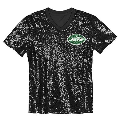 Girls Youth Sauce Gardner Black New York Jets Sequin V-Neck Fashion Jersey