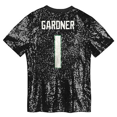 Girls Youth Sauce Gardner Black New York Jets Sequin V-Neck Fashion Jersey