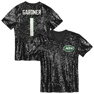 Girls Youth Sauce Gardner Black New York Jets Sequin V-Neck Fashion Jersey