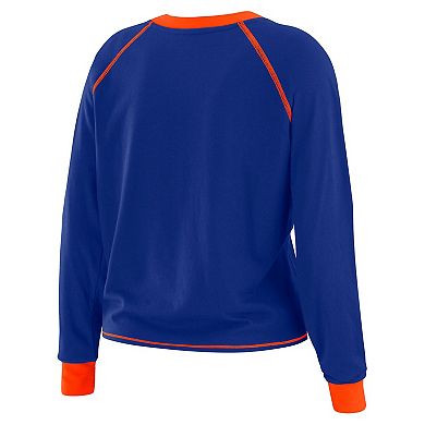 Women's WEAR by Erin Andrews Royal/Orange Denver Broncos Tie-Front Long Sleeve Top
