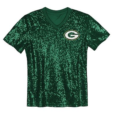 Girls Youth Green Green Bay Packers Wordmark Sequin V-Neck Top