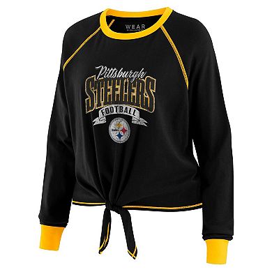 Women's WEAR by Erin Andrews Black/Gold Pittsburgh Steelers Plus Size Tie-Front Long Sleeve Top