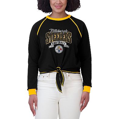 Women's WEAR by Erin Andrews Black/Gold Pittsburgh Steelers Plus Size Tie-Front Long Sleeve Top