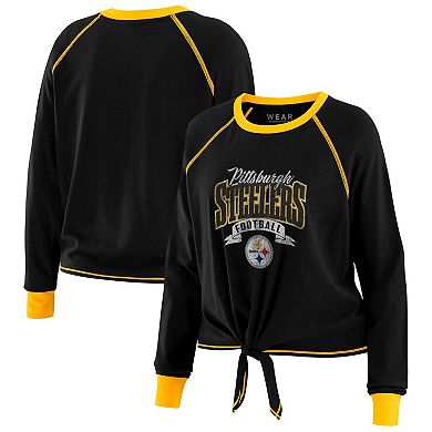 Women's WEAR by Erin Andrews Black/Gold Pittsburgh Steelers Plus Size Tie-Front Long Sleeve Top