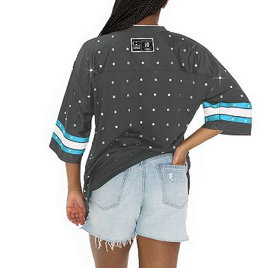 Women's Gameday Couture Anthracite Miami Dolphins All-Over Rhinestone Sports Stripe Kickoff V-Neck Fashion Half-Sleeve Jersey Top