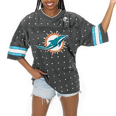Women's Gameday Couture Anthracite Miami Dolphins All-Over Rhinestone Sports Stripe Kickoff V-Neck Fashion Half-Sleeve Jersey Top
