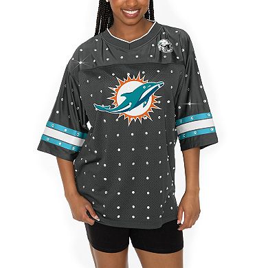 Women's Gameday Couture Anthracite Miami Dolphins All-Over Rhinestone Sports Stripe Kickoff V-Neck Fashion Half-Sleeve Jersey Top