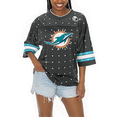 Women's Gameday Couture Anthracite Miami Dolphins All-Over Rhinestone Sports Stripe Kickoff V-Neck Fashion Half-Sleeve Jersey Top