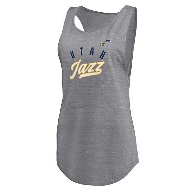 Women's Fanatics Heathered Gray Utah Jazz Quality Time Open Scoop Neck Tri-Blend Tank Top
