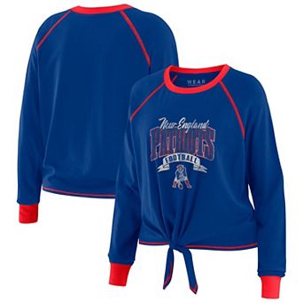 Women's WEAR by Erin Andrews Royal/Red New England Patriots Plus Size Tie-Front Long Sleeve Top