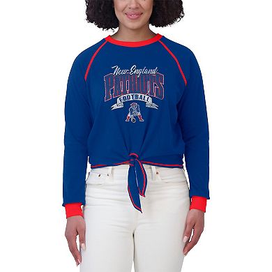 Women's WEAR by Erin Andrews Royal/Red New England Patriots Plus Size Tie-Front Long Sleeve Top