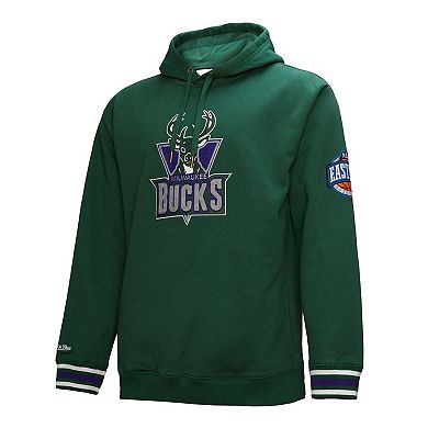 Men's Mitchell & Ness Hunter Green Milwaukee Bucks Hardwood Classics Chainstitch Vintage Heavyweight Pullover Hoodie