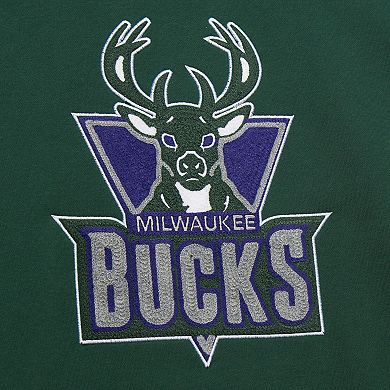 Men's Mitchell & Ness Hunter Green Milwaukee Bucks Hardwood Classics Chainstitch Vintage Heavyweight Pullover Hoodie