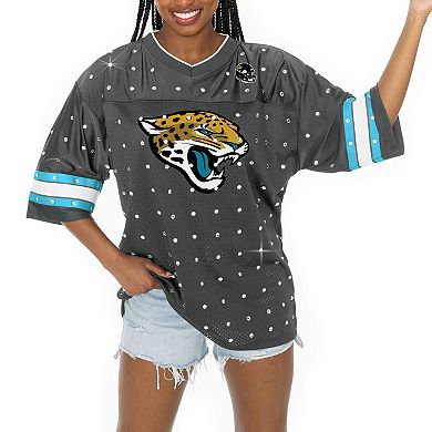 Women's Gameday Couture Anthracite Jacksonville Jaguars All-Over Rhinestone Sports Stripe Kickoff V-Neck Fashion Half-Sleeve Jersey Top