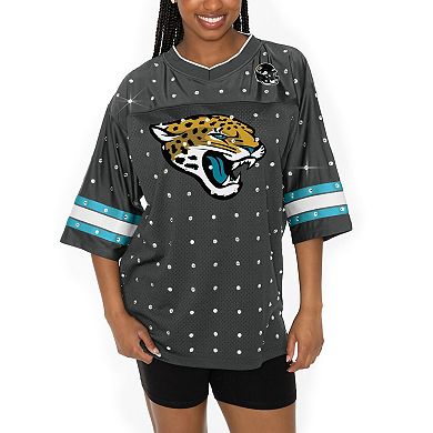 Women's Gameday Couture Anthracite Jacksonville Jaguars All-Over Rhinestone Sports Stripe Kickoff V-Neck Fashion Half-Sleeve Jersey Top