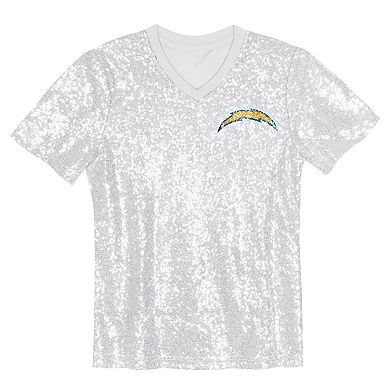 Girls Youth White Los Angeles Chargers Wordmark Sequin V-Neck Top