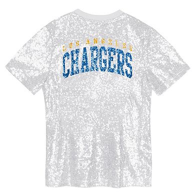 Girls Youth White Los Angeles Chargers Wordmark Sequin V-Neck Top