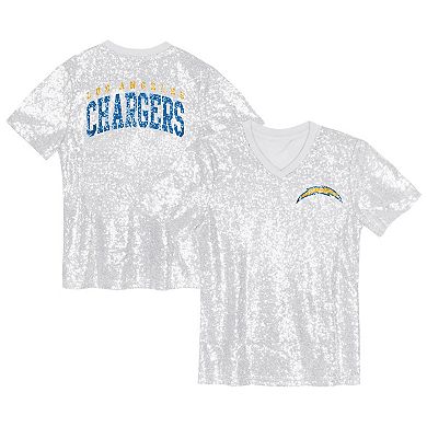 Girls Youth White Los Angeles Chargers Wordmark Sequin V-Neck Top