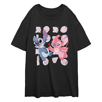 Disney's Lilo & Stitch Angel Blowing Kisses At Stitch Juniors' Oversized Graphic Tee