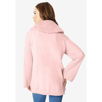 Roaman's Women's Plus Size Faux Fur Collar Cardigan Sweater.