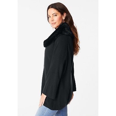 Roaman's Women's Plus Size Faux Fur Collar Cardigan Sweater.