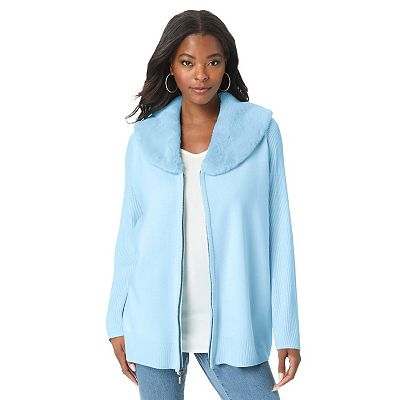 Roaman's Women's Plus Size Faux Fur Collar Cardigan