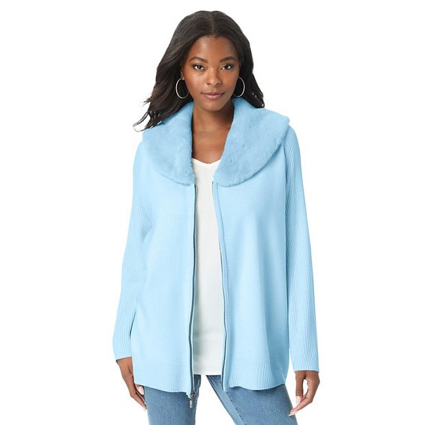 Roaman's Women's Plus Size Faux Fur Collar Cardigan Sweater.