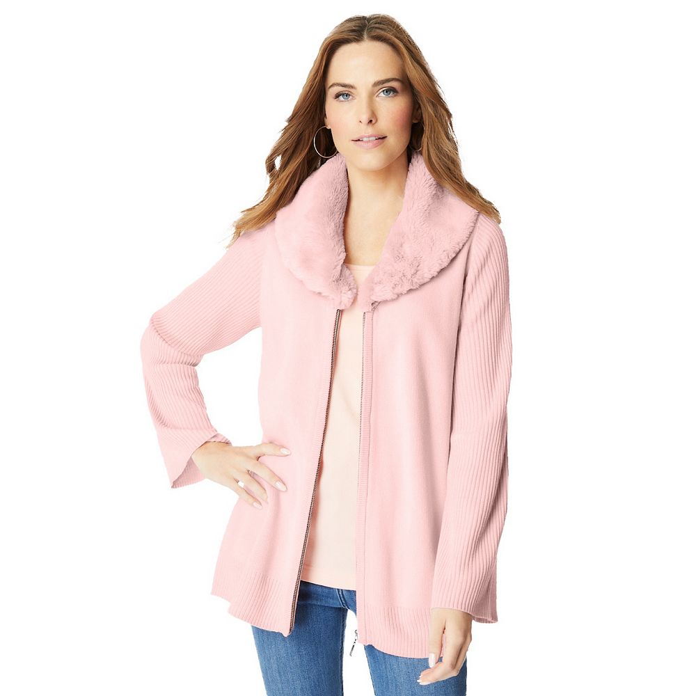 Roaman's Women's Plus Size Faux Fur Collar Cardigan Sweater.