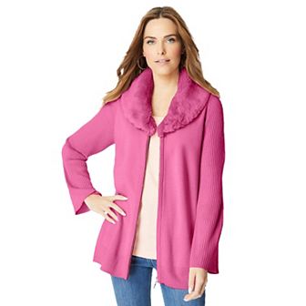 Roaman's Women's Plus Size Faux Fur Collar Cardigan Sweater.