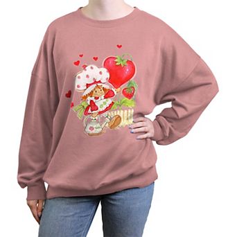 Juniors' Strawberry Shortcake Heart Shaped Strawberries Oversized Graphic Pullover