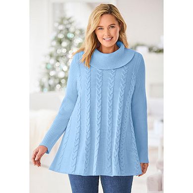Woman Within Plus Size Cowl Neck Cable Knit Swing Sweater