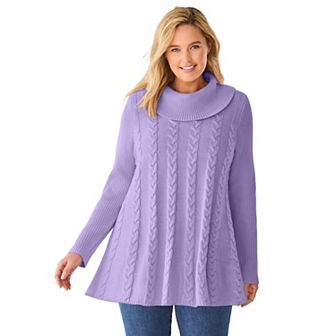 Woman Within Plus Size Cowl Neck Cable Knit Swing Sweater