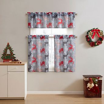 Kate Aurora Plaid Christmas Reindeer Snowflakes 3 pc Kitchen Curtain Tier And Valance Set