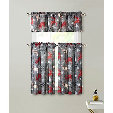 Kate Aurora Plaid Christmas Reindeer Snowflakes 3 Pc Kitchen Curtain Tier And Valance Set